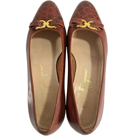Salvatore Ferragamo Size 6.5C Brown Leather Slip On Block Heel Loafers Women’s