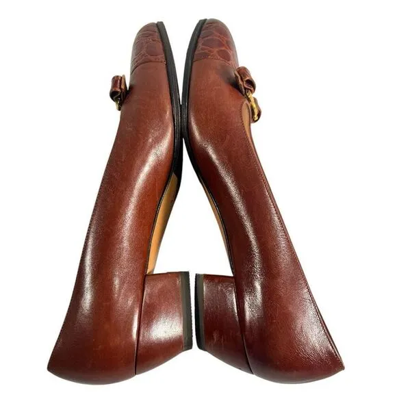 Salvatore Ferragamo Size 6.5C Brown Leather Slip On Block Heel Loafers Women’s