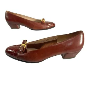 Salvatore Ferragamo Size 6.5C Brown Leather Slip On Block Heel Loafers Women’s