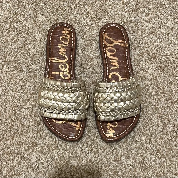 Sam Edelman Giada Flat Sandals in Gold Metallic Woven Slip On Size 8