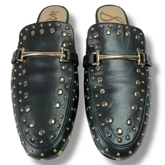 Sam Edelman Marilyn Black Studded Leather Slip On Mules Flats, Size 10