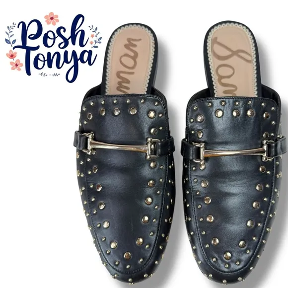 Sam Edelman Marilyn Black Studded Leather Slip On Mules Flats, Size 10