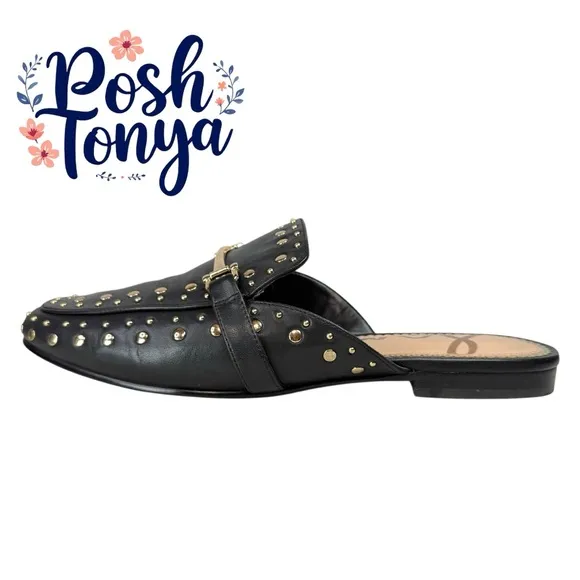 Sam Edelman Marilyn Black Studded Leather Slip On Mules Flats, Size 10