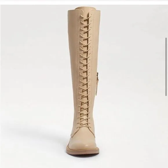 Sam Edelman Nance Lace Up Eggshell Leather Knee High Boots NWOB