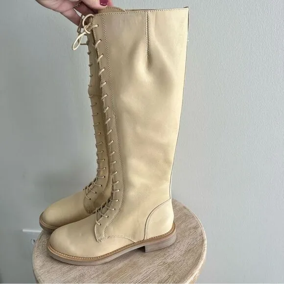 Sam Edelman Nance Lace Up Eggshell Leather Knee High Boots NWOB