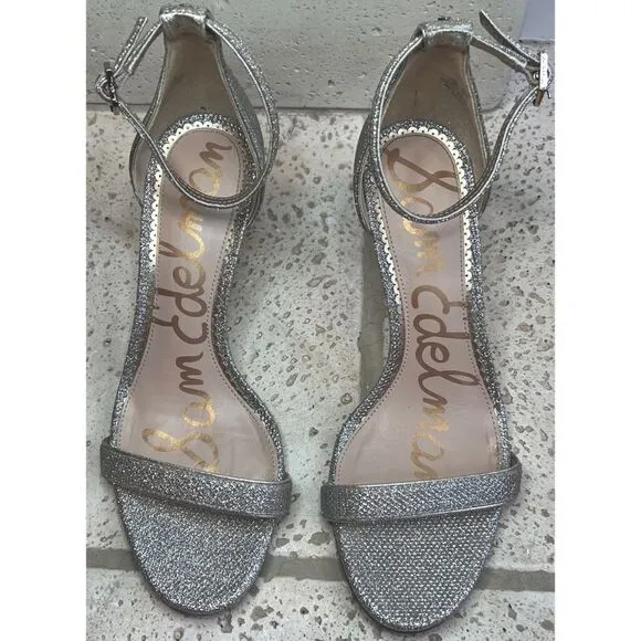 Sam Edelman Patti Ankle Strap Sandals Silver Glitter Shiny Shoe Size 7 1/2
