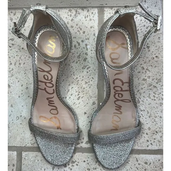 Sam Edelman Patti Ankle Strap Sandals Silver Glitter Shiny Shoe Size 7 1/2
