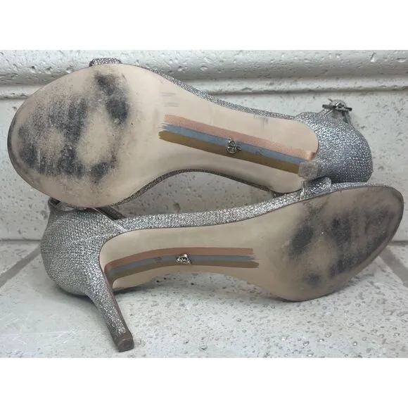Sam Edelman Patti Ankle Strap Sandals Silver Glitter Shiny Shoe Size 7 1/2