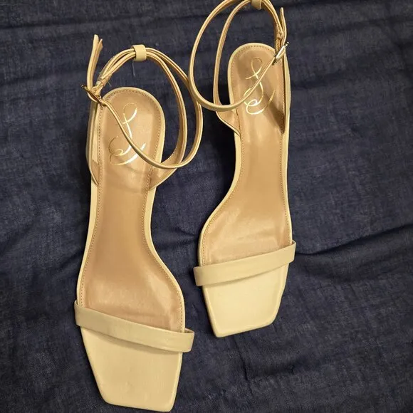 SAM EDELMAN Rayelle Womens Buckle Kitten Heel Ankle Strap Sandals Sz 10.5 Ivory