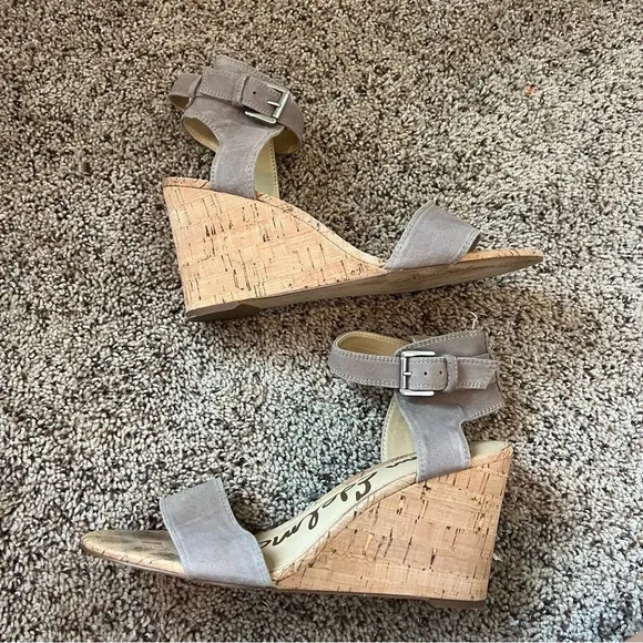 Sam Edelman Willow Gray Suede Cork Wedge ANKLE STRAP Sandals Women's 10.5