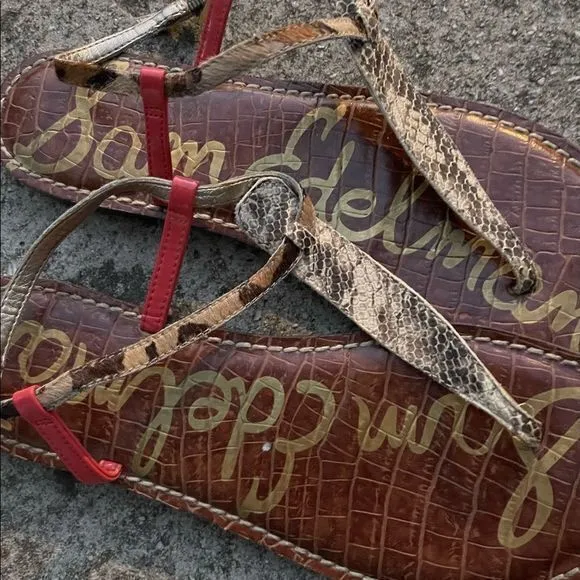 Sam Edelman Women's Gigi Thong Flat Sandals T-Strap Leather Gold Brown Size 8.5M