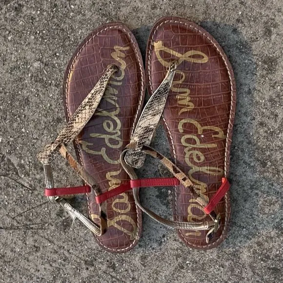 Sam Edelman Women's Gigi Thong Flat Sandals T-Strap Leather Gold Brown Size 8.5M