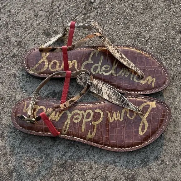Sam Edelman Women's Gigi Thong Flat Sandals T-Strap Leather Gold Brown Size 8.5M