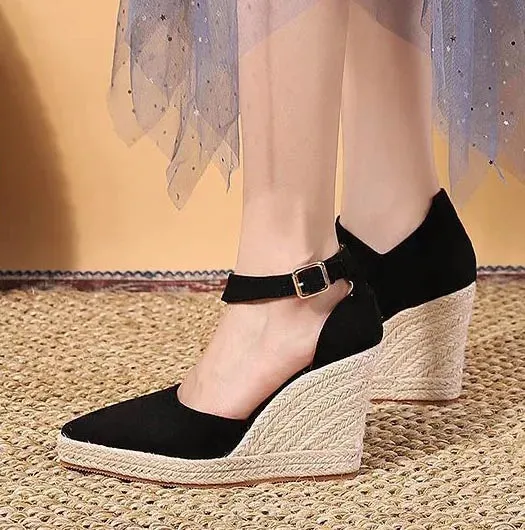 Sandals Shoes Toe Wedges Strap High Women Platform Sandals Suede Shoes LIHUAMAO Ankle Pointed for All-in-one solution Heels Casual Espadrilles Secure platform