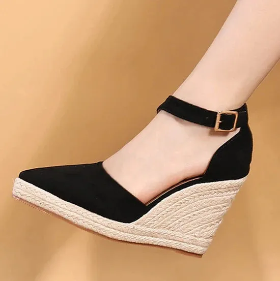 Sandals Shoes Toe Wedges Strap High Women Platform Sandals Suede Shoes LIHUAMAO Ankle Pointed for All-in-one solution Heels Casual Espadrilles Secure platform