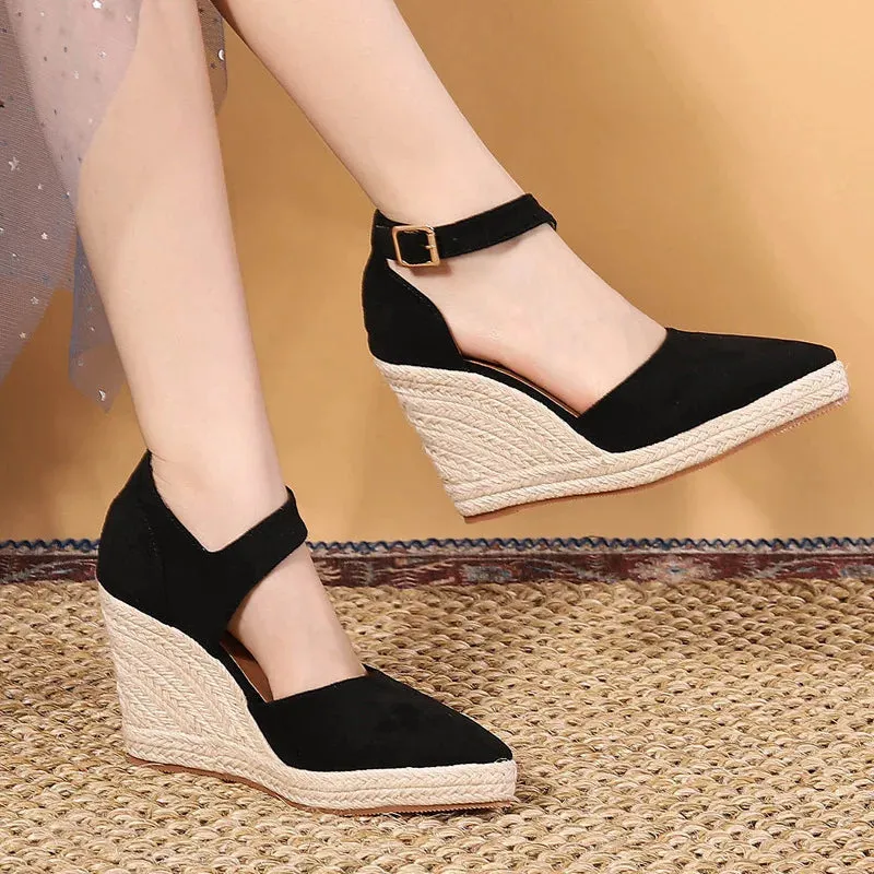 Sandals Shoes Toe Wedges Strap High Women Platform Sandals Suede Shoes LIHUAMAO Ankle Pointed for All-in-one solution Heels Casual Espadrilles Secure platform