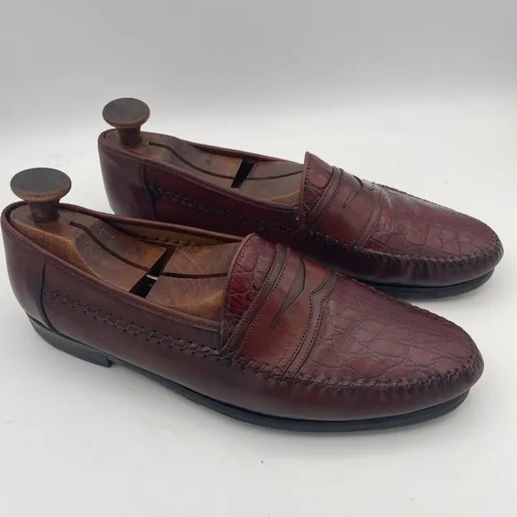 Sandro Moscoloni Cognac Leather Croc Print Braided Dress Loafers Men's 12D Spain