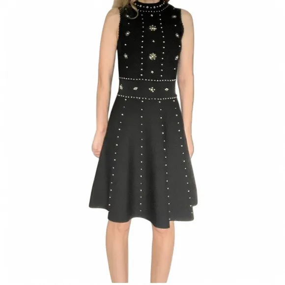Sandro Paris Matti Embellished Knit Dress, Size 2. Black with rhinestones.