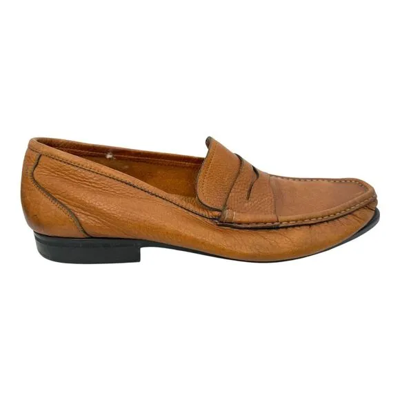 SANTONI ‘ASCOTT’ MENS BRITISH TAN PEBBLED LEATHER PENNY LOAFER SIZE 13