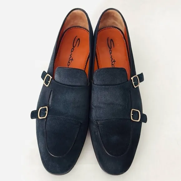 Santoni Men’s Double Monk Strap Loafers Hand Distressed Suede Navy Blue 10