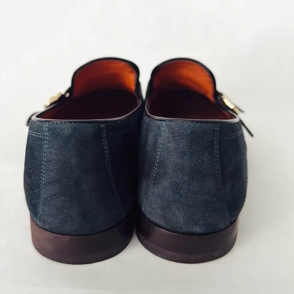 Santoni Men’s Double Monk Strap Loafers Hand Distressed Suede Navy Blue 10