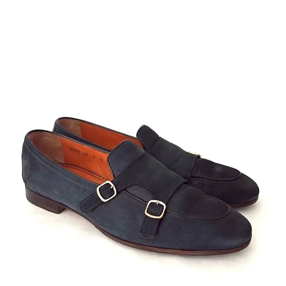 Santoni Men’s Double Monk Strap Loafers Hand Distressed Suede Navy Blue 10