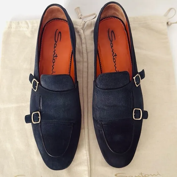 Santoni Men’s Double Monk Strap Loafers Hand Distressed Suede Navy Blue 10