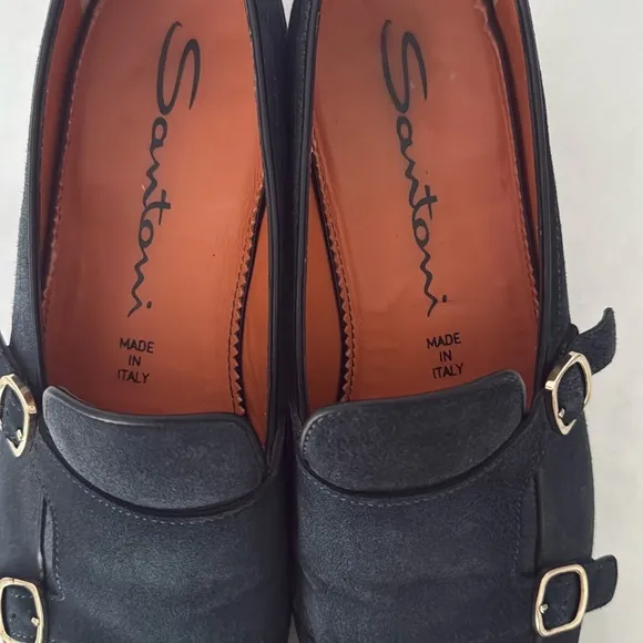 Santoni Men’s Double Monk Strap Loafers Hand Distressed Suede Navy Blue 10