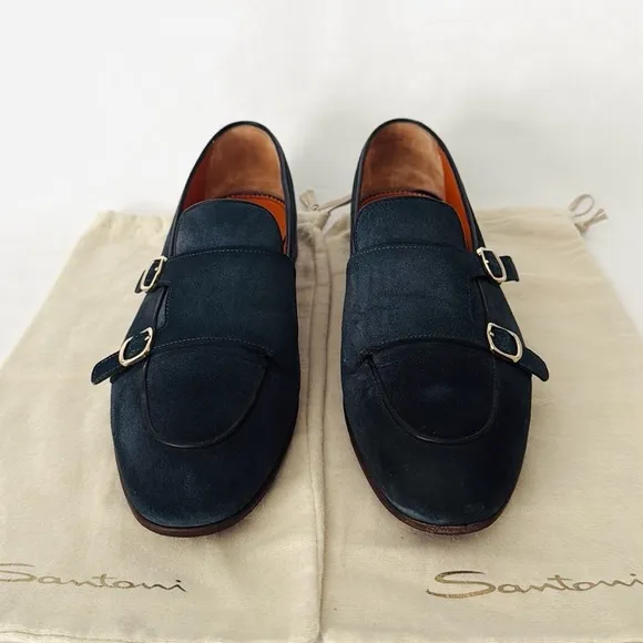 Santoni Men’s Double Monk Strap Loafers Hand Distressed Suede Navy Blue 10
