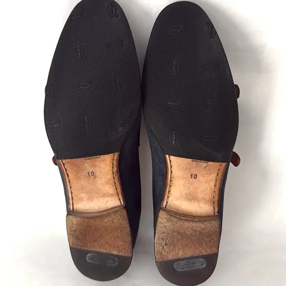 Santoni Men’s Double Monk Strap Loafers Hand Distressed Suede Navy Blue 10