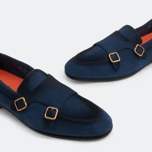 Santoni Men’s Double Monk Strap Loafers Hand Distressed Suede Navy Blue 10