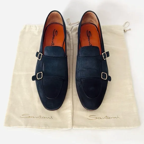 Santoni Men’s Double Monk Strap Loafers Hand Distressed Suede Navy Blue 10