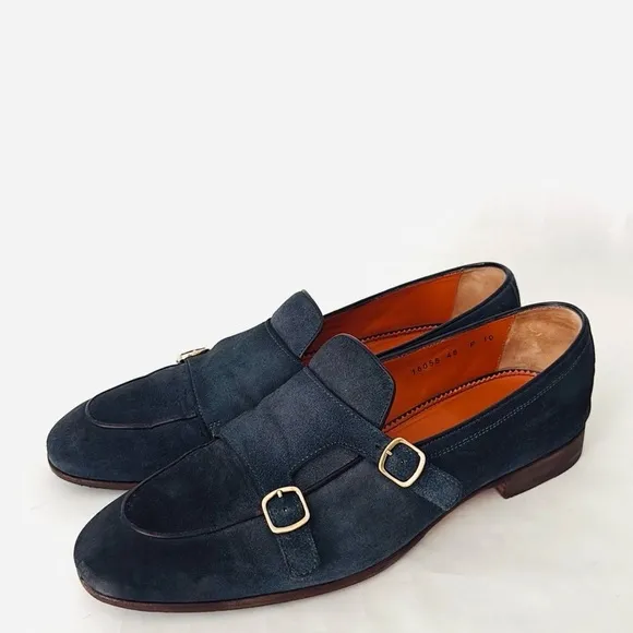 Santoni Men’s Double Monk Strap Loafers Hand Distressed Suede Navy Blue 10