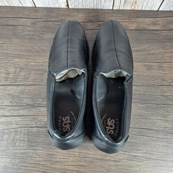 SAS Dream Wedge Loafers Black Leather Slip Ons Women's Sz 9.5 N (GUC)