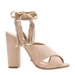 Schutz Damila Kid Suede Wraparound Block Heels In Oyster. Size 8