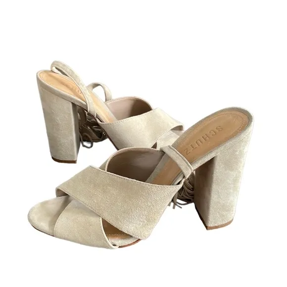 Schutz Damila Kid Suede Wraparound Block Heels In Oyster. Size 8
