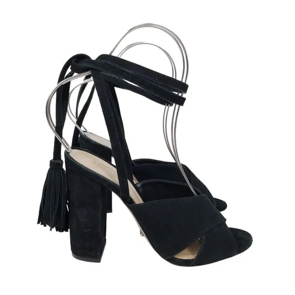 Schutz Damila Wraparound Tassel Suede Sandals Black Sz 8.5
