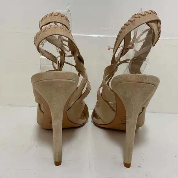 Schutz Lenna Heel Tanino II Suede High Heel Lace Up Sandals Size 9.5B Tan $220