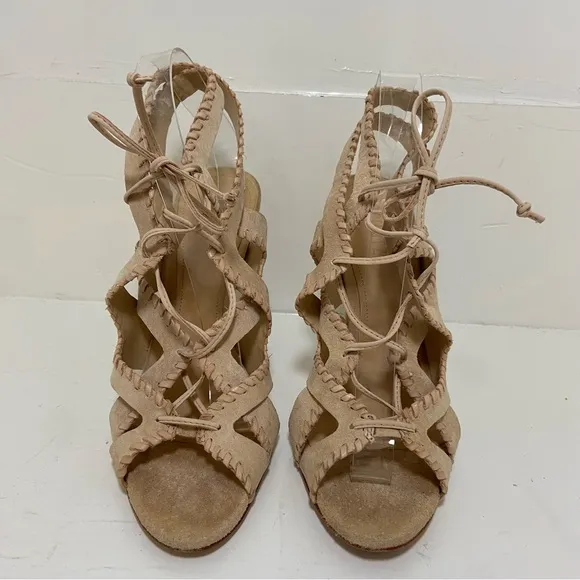 Schutz Lenna Heel Tanino II Suede High Heel Lace Up Sandals Size 9.5B Tan $220