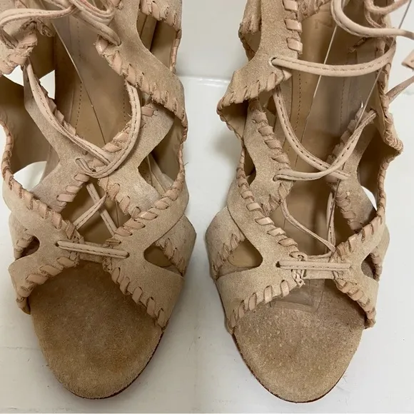 Schutz Lenna Heel Tanino II Suede High Heel Lace Up Sandals Size 9.5B Tan $220