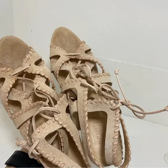 Schutz Lenna Heel Tanino II Suede High Heel Lace Up Sandals Size 9.5B Tan $220