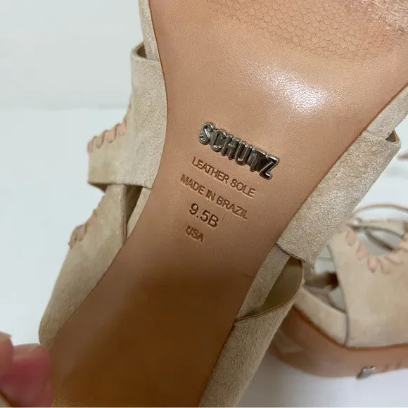 Schutz Lenna Heel Tanino II Suede High Heel Lace Up Sandals Size 9.5B Tan $220