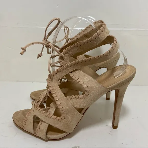 Schutz Lenna Heel Tanino II Suede High Heel Lace Up Sandals Size 9.5B Tan $220