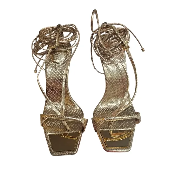 Schutz Vikki Metallic Snake-Embossed Sandals NWOT SZ 6.5