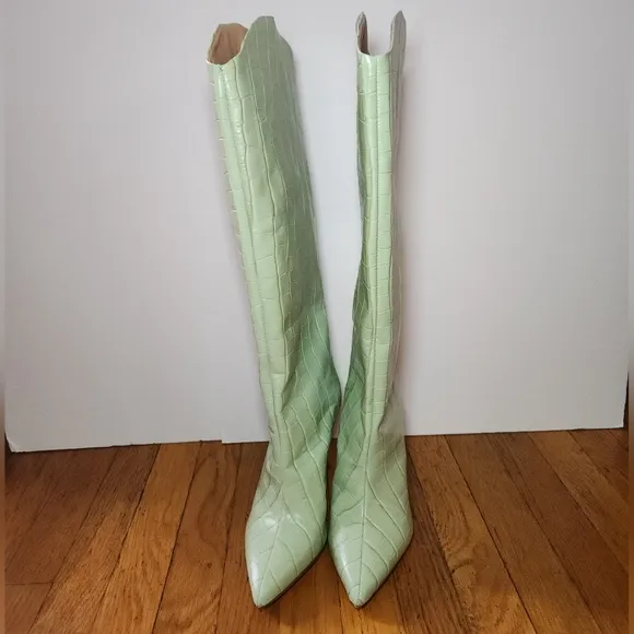 Schutz x Bala Maryana Limited Edition Crocodile-Embossed Sage Leather Boots RARE