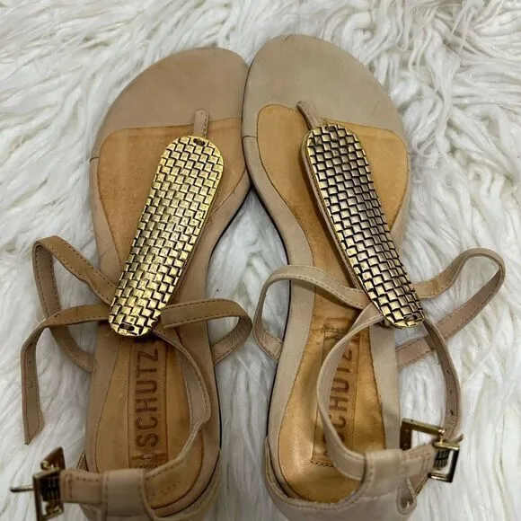 Schutz Womens Flat Sandals Ankle Strap Leather Strappy Thong Casual Gold Size 6B