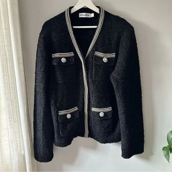 SELF-PORTRAIT Black Tape Knit Crystal-Embellished Bouclé Cardigan