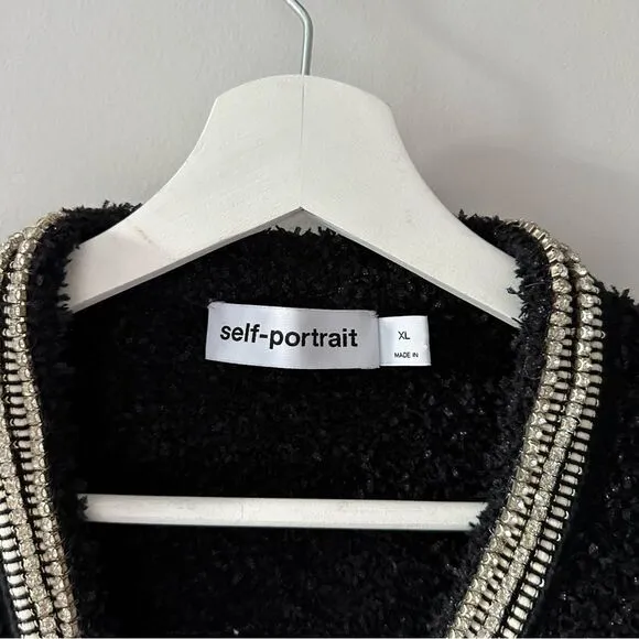SELF-PORTRAIT Black Tape Knit Crystal-Embellished Bouclé Cardigan