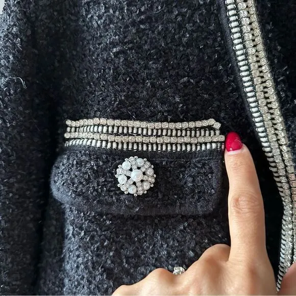 SELF-PORTRAIT Black Tape Knit Crystal-Embellished Bouclé Cardigan