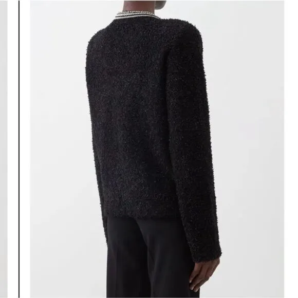 SELF-PORTRAIT Black Tape Knit Crystal-Embellished Bouclé Cardigan